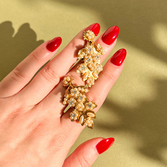 1960s Gold Leaves Earrings With Pearls and Rhinestones
