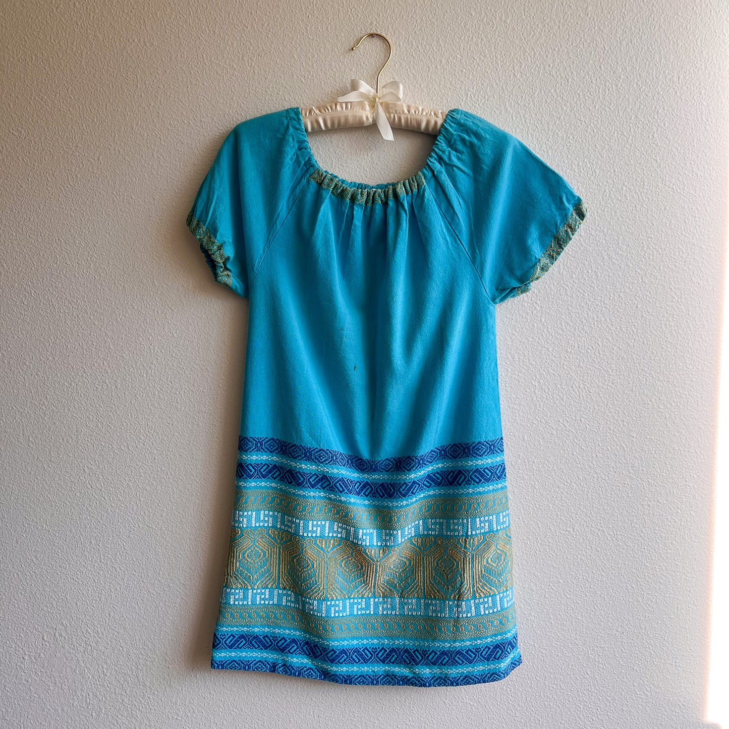 1960s Blue and Gold Grecian Summer Dress (M)