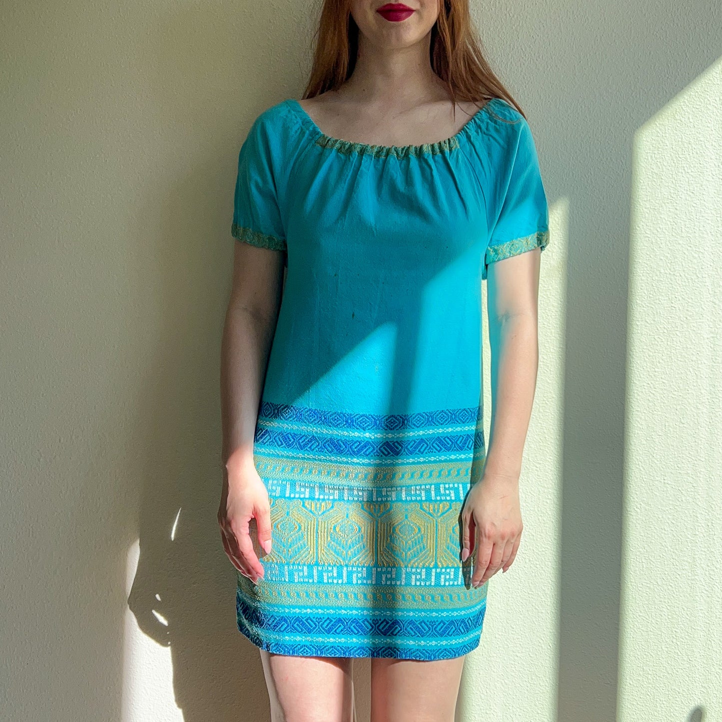 1960s Blue and Gold Grecian Summer Dress (M)