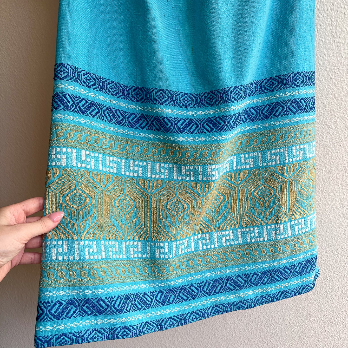 1960s Blue and Gold Grecian Summer Dress (M)