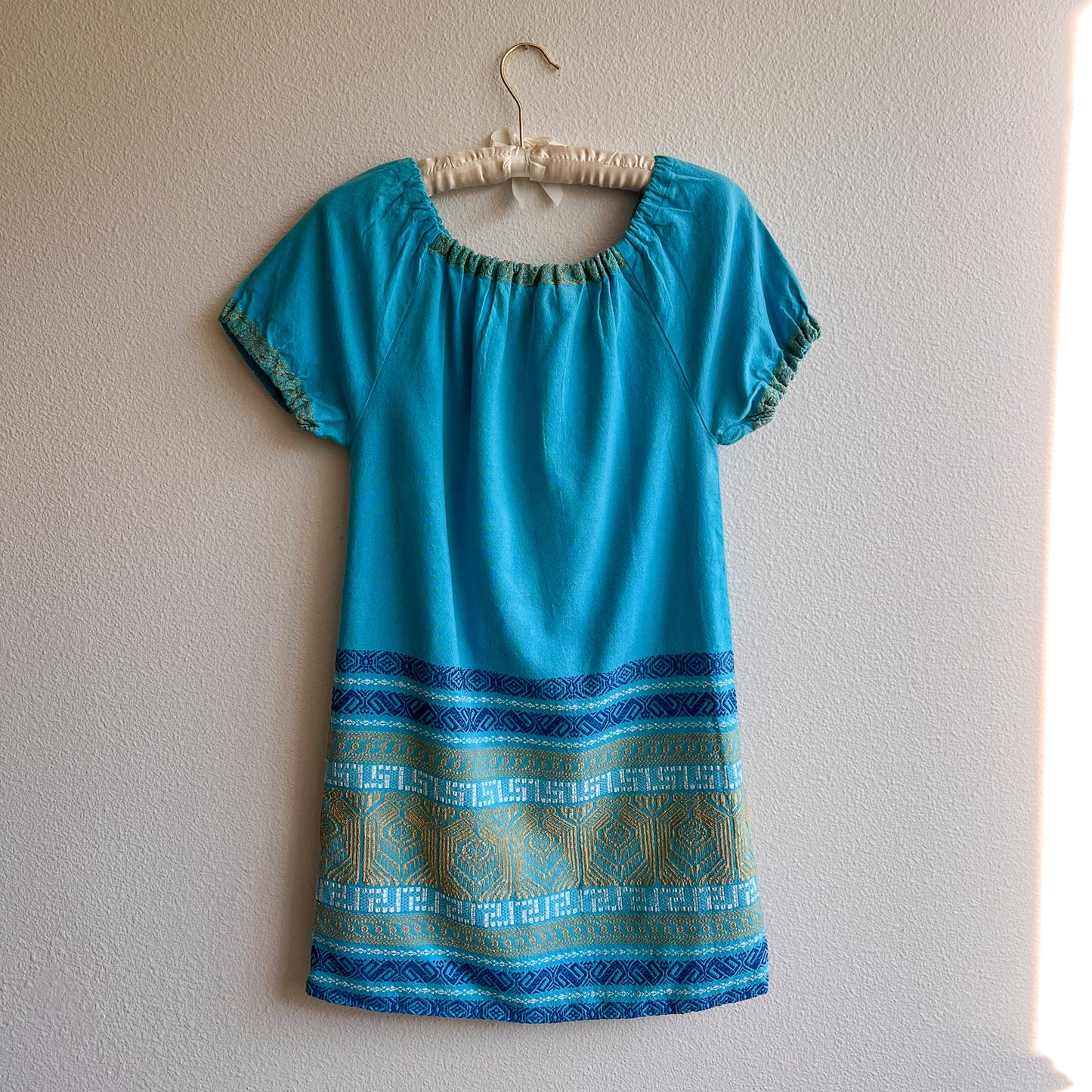 1960s Blue and Gold Grecian Summer Dress (M)