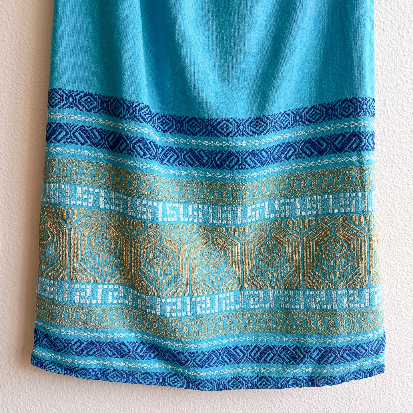 1960s Blue and Gold Grecian Summer Dress (M)