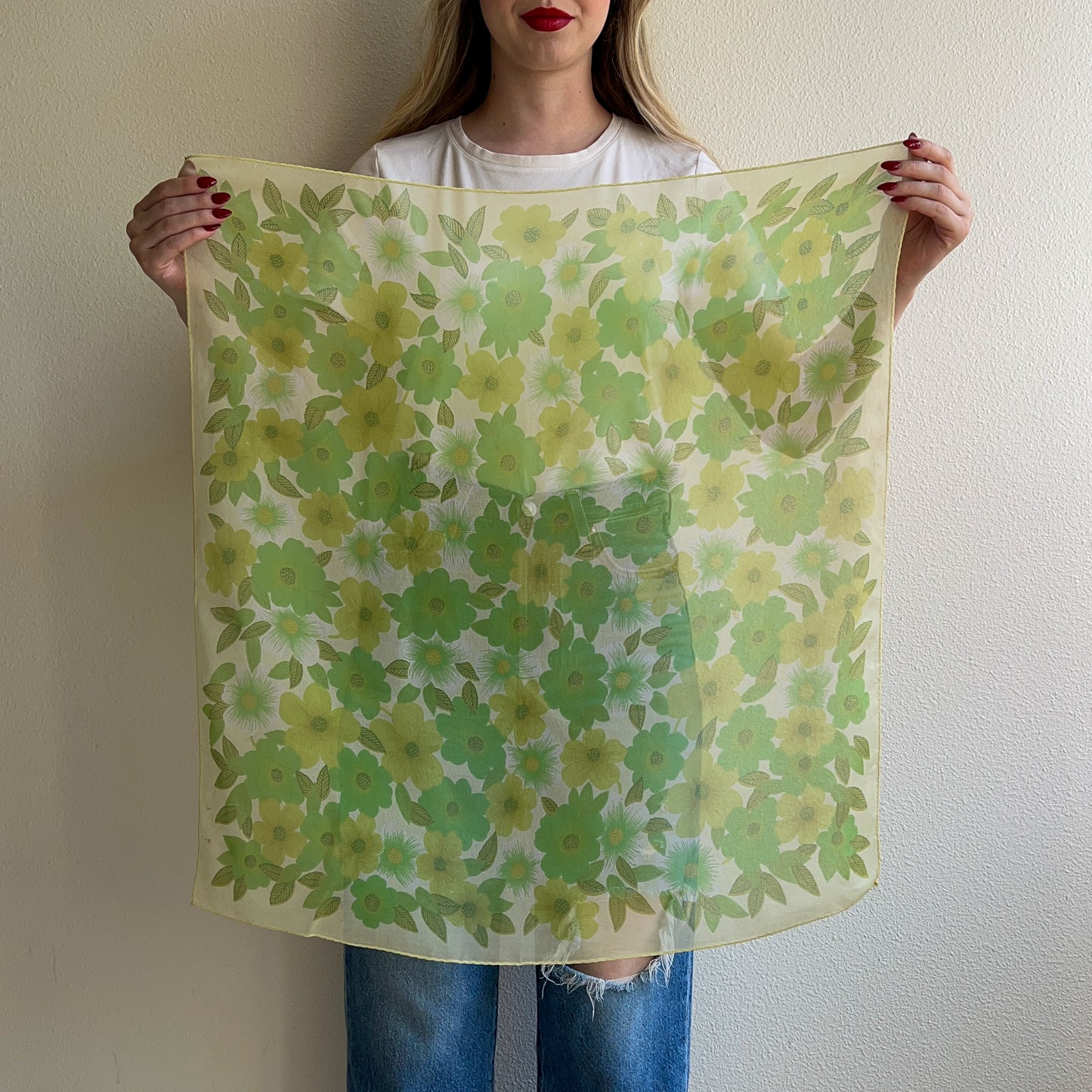 1960s Shades of Green Floral Chiffon Scarf