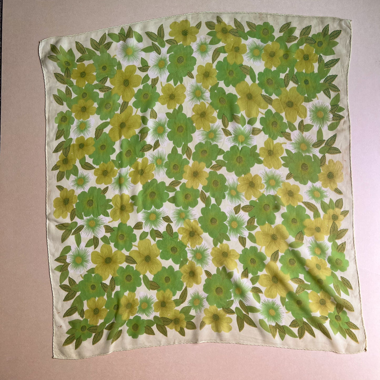 1960s Shades of Green Floral Chiffon Scarf