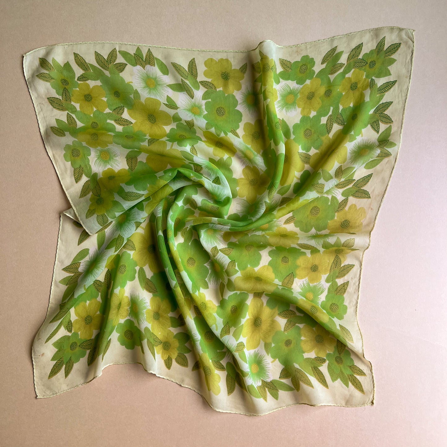 1960s Shades of Green Floral Chiffon Scarf