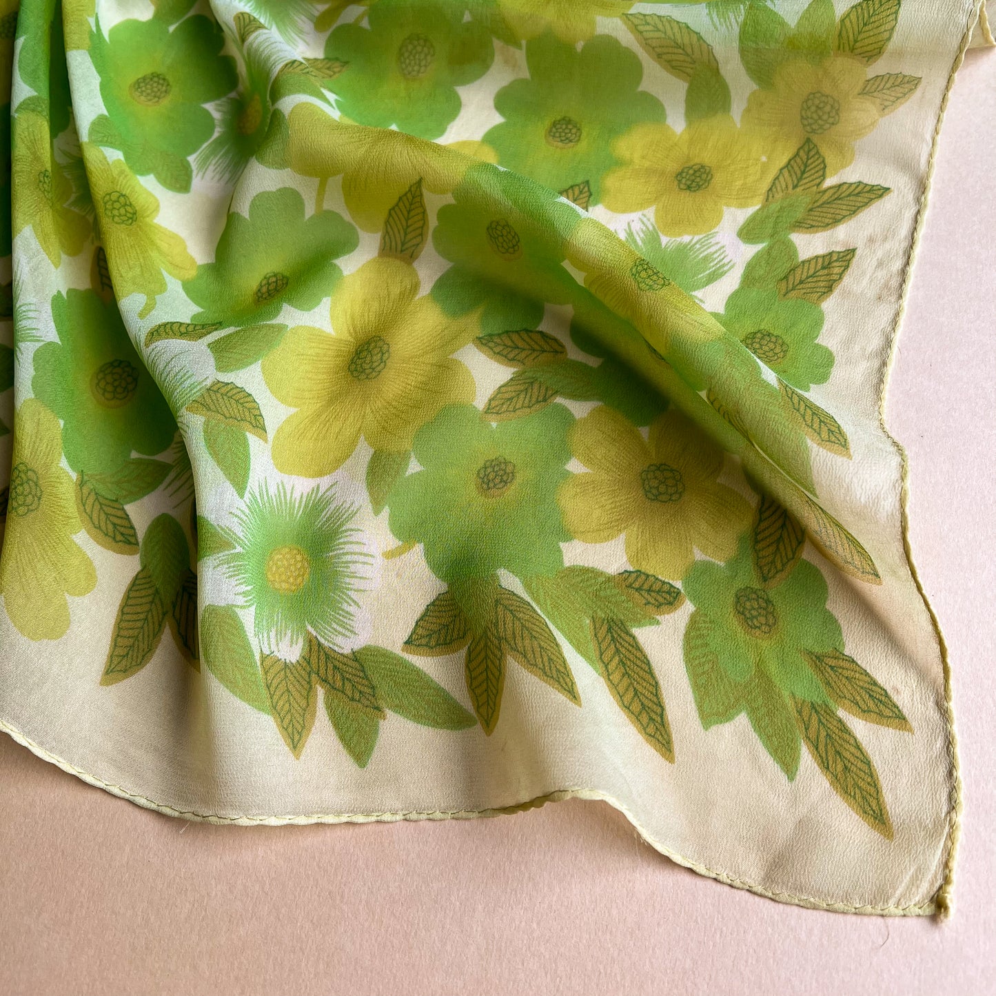 1960s Shades of Green Floral Chiffon Scarf