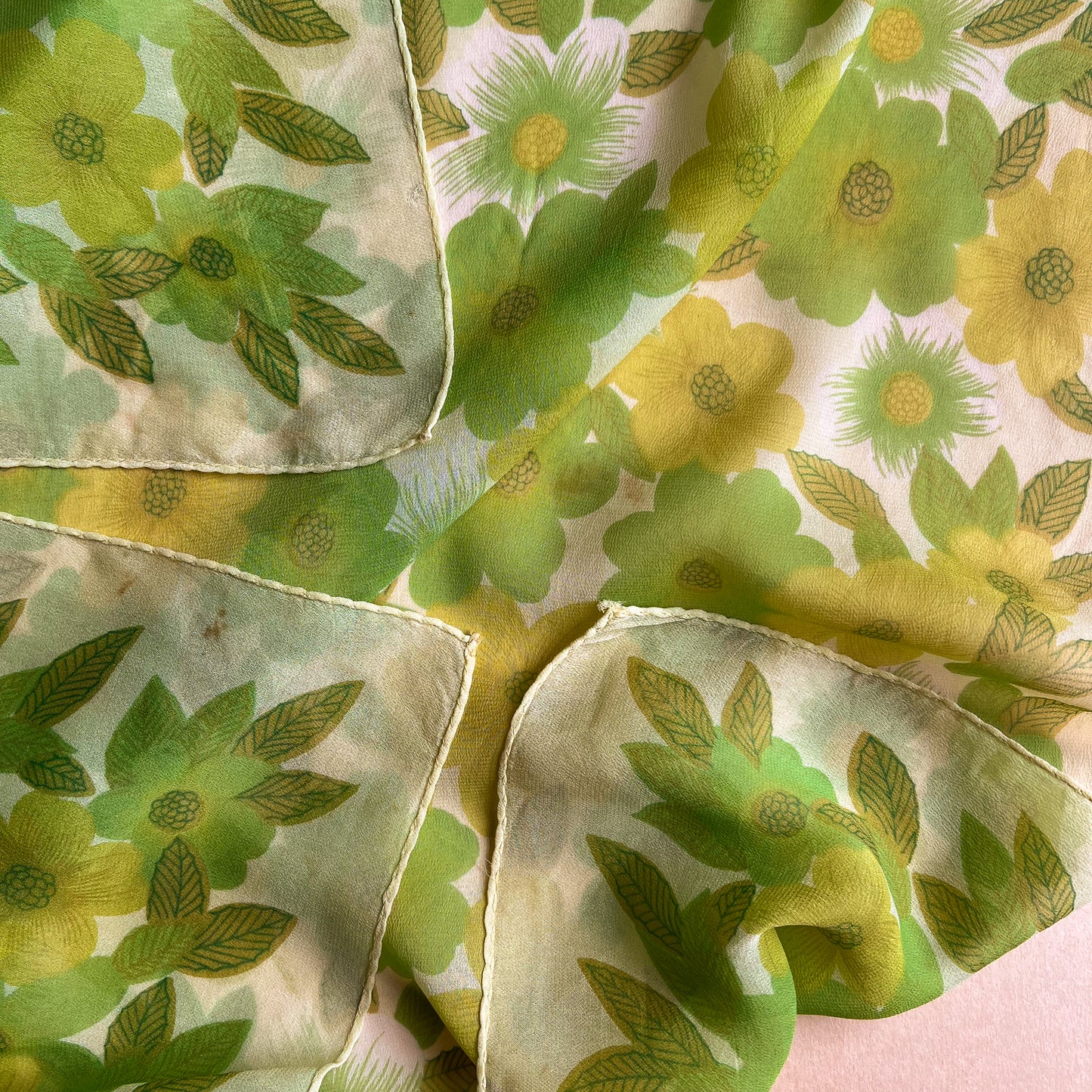 1960s Shades of Green Floral Chiffon Scarf