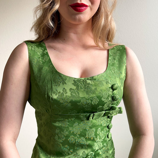 1960s Green Roses Silk Jacquard Gown (S/M)