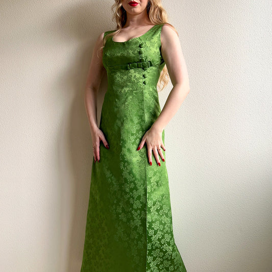 1960s Green Roses Silk Jacquard Gown (S/M)