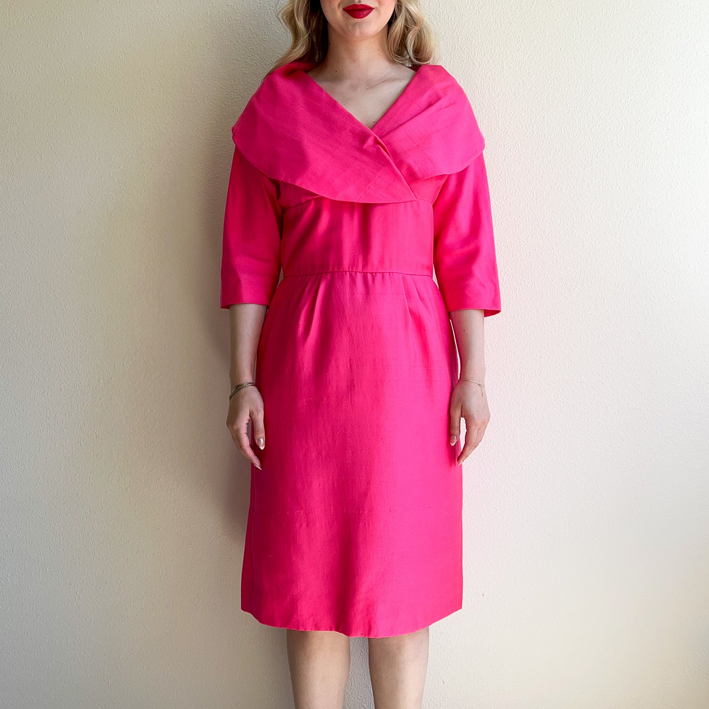 1960s Hot Pink Silk Dress With Shawl Collar (L/XL) Studio Gloria Vintage 1960s Hot Pink Silk Dress With Shawl Collar (L/XL) Studio Gloria Vintage