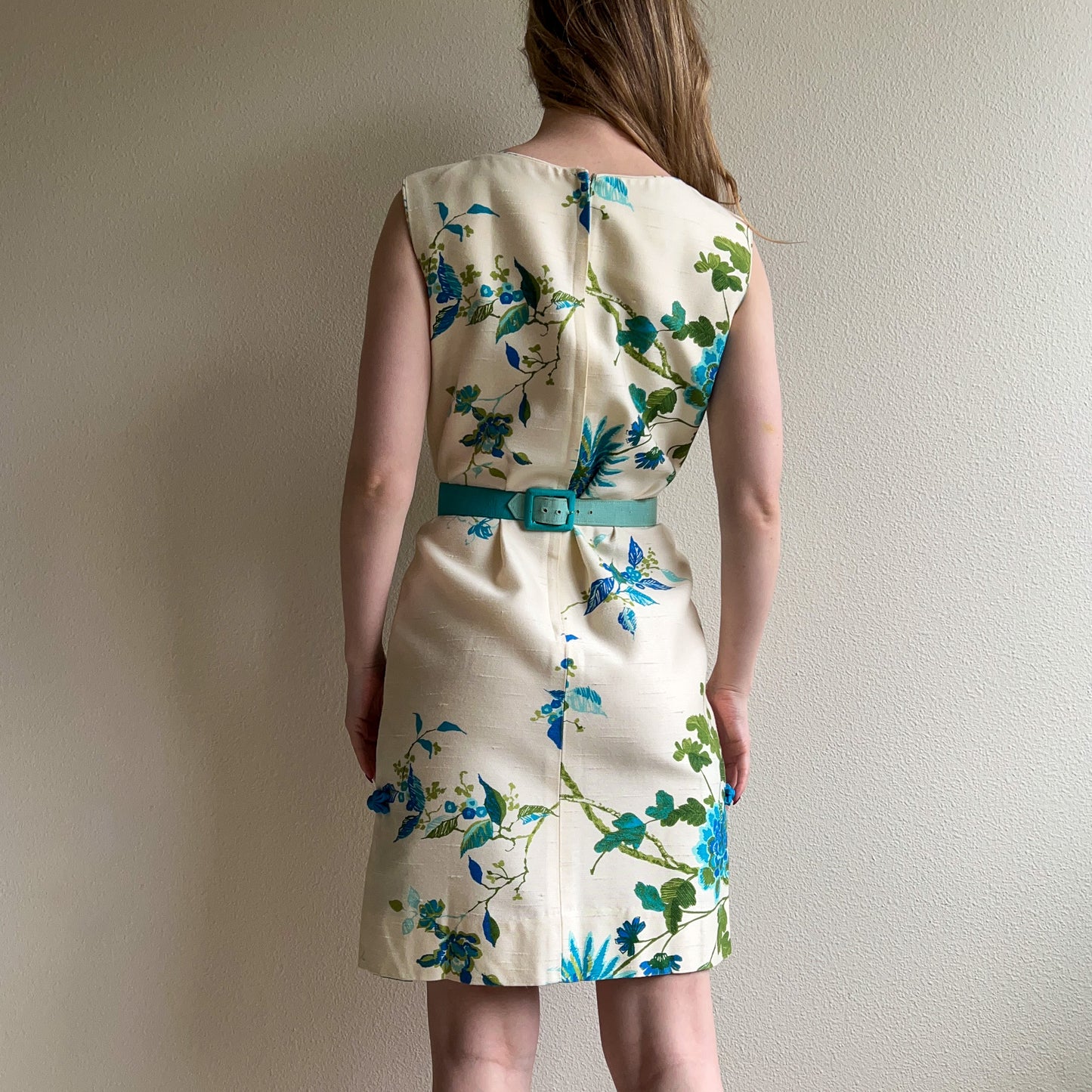1960s Ivory Belted Dress With Blue Flowers (M)