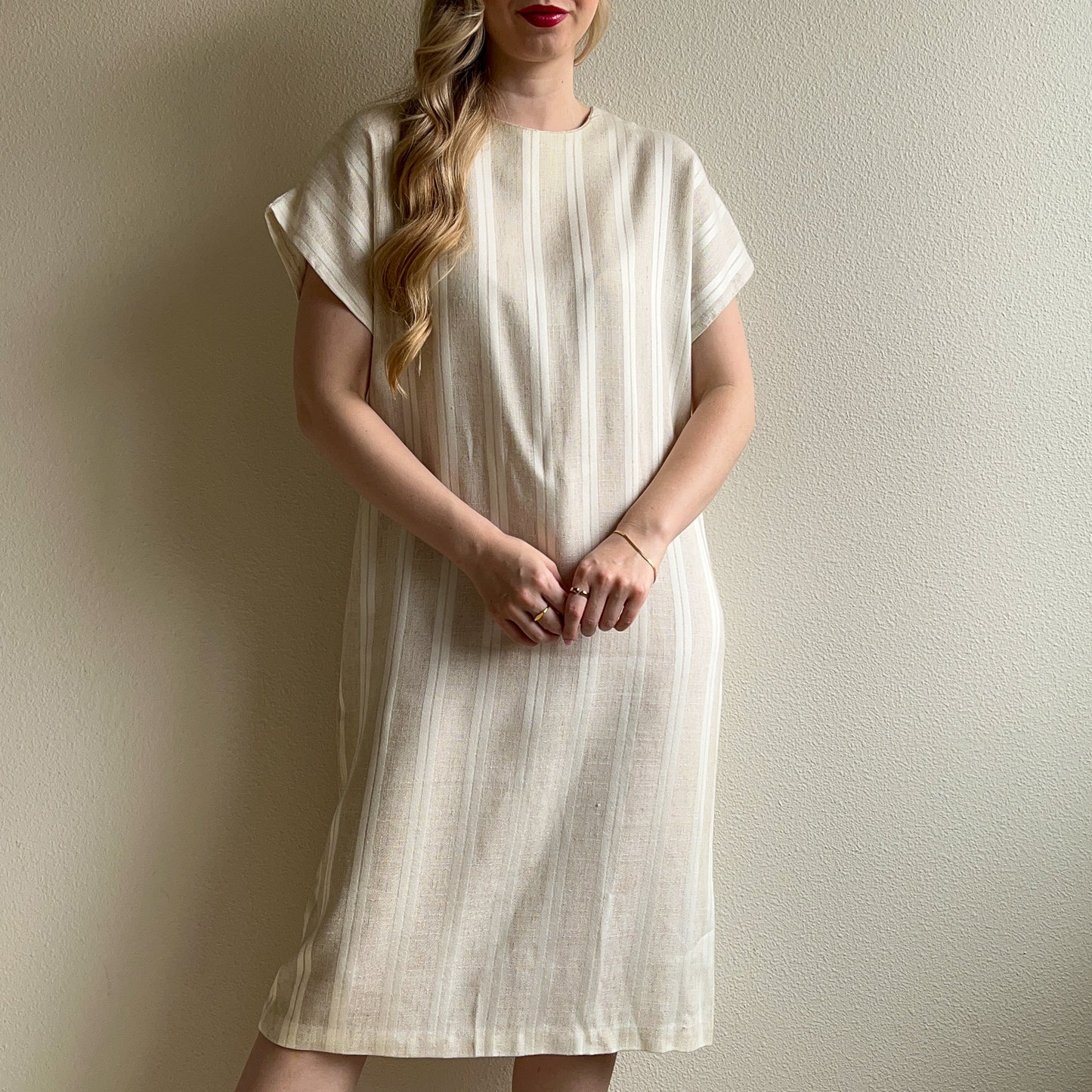 1960s Ivory Striped Linen Shift Dress (M/L)