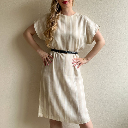 1960s Ivory Striped Linen Shift Dress (M/L)