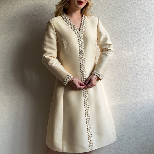 Glamorous 1960s Ivory Silk Dress With Beaded Trim (M/L)