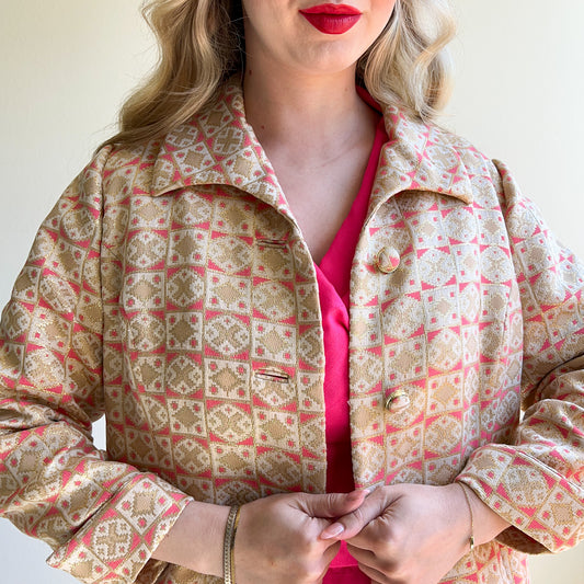 1960s I. Magnin Hot Pink and Gold Pattern Coat (M/L)