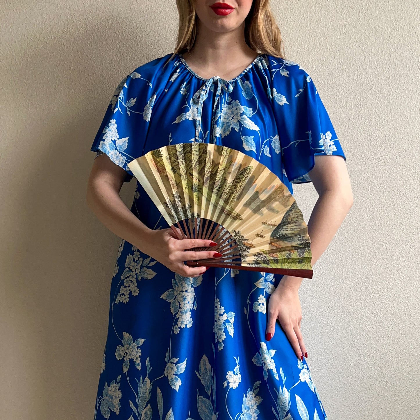 1960s Shanshui Landscape Folding Fan With Dark Wood