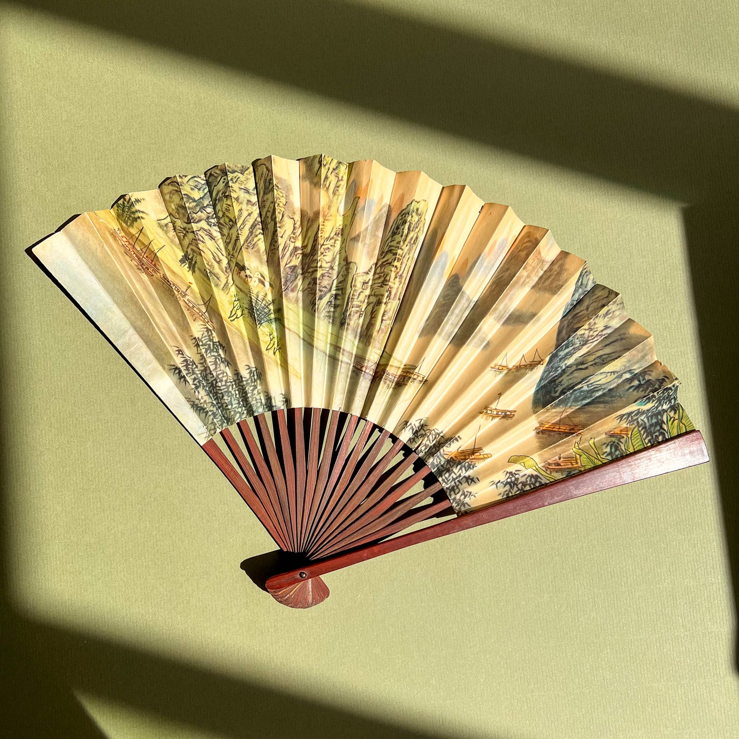 1960s Shanshui Landscape Folding Fan With Dark Wood