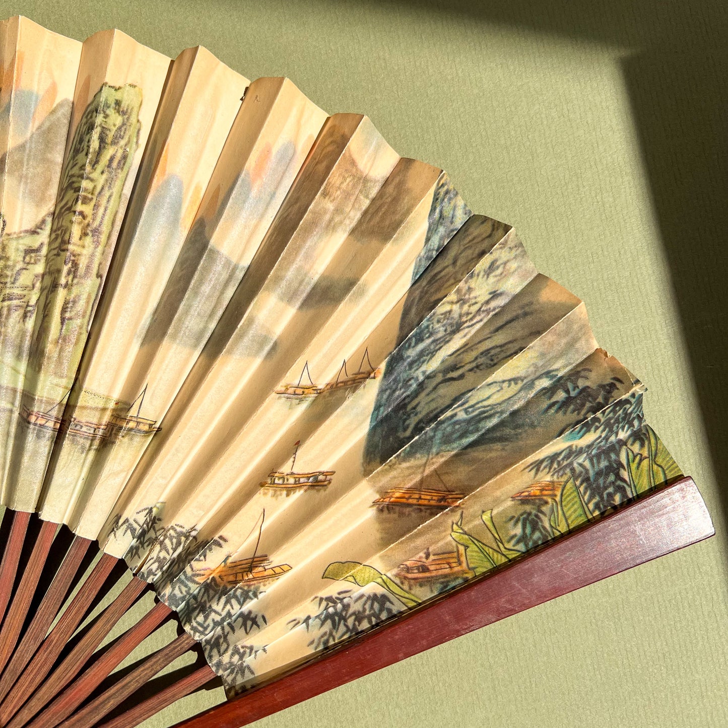 1960s Shanshui Landscape Folding Fan With Dark Wood