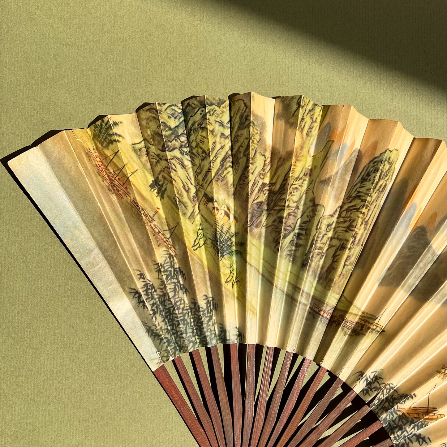 1960s Shanshui Landscape Folding Fan With Dark Wood
