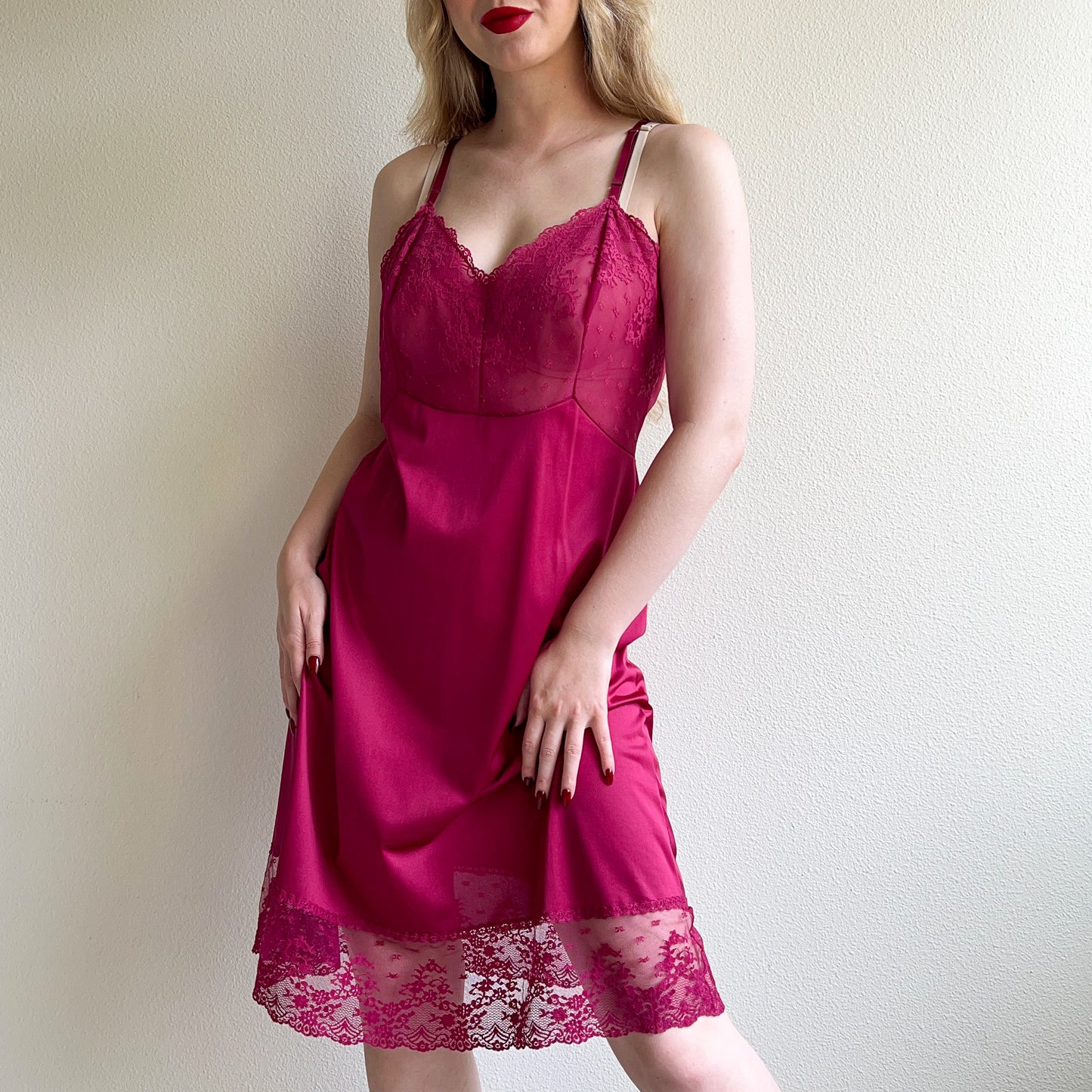 1960s Rich Magenta Slip Dress With Lace (M/L)