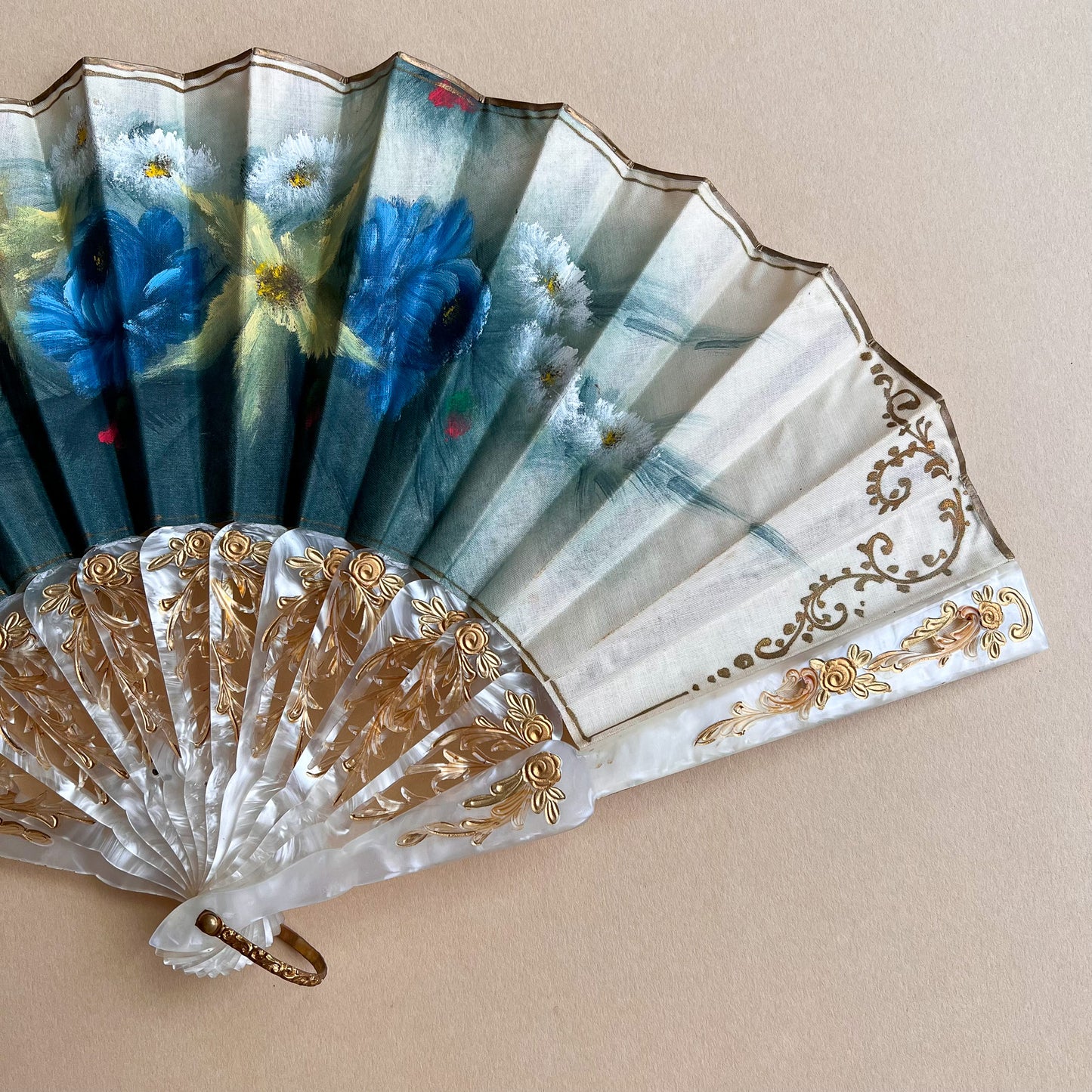 1960s Mother of Pearl Fan With Hand Painted Flowers