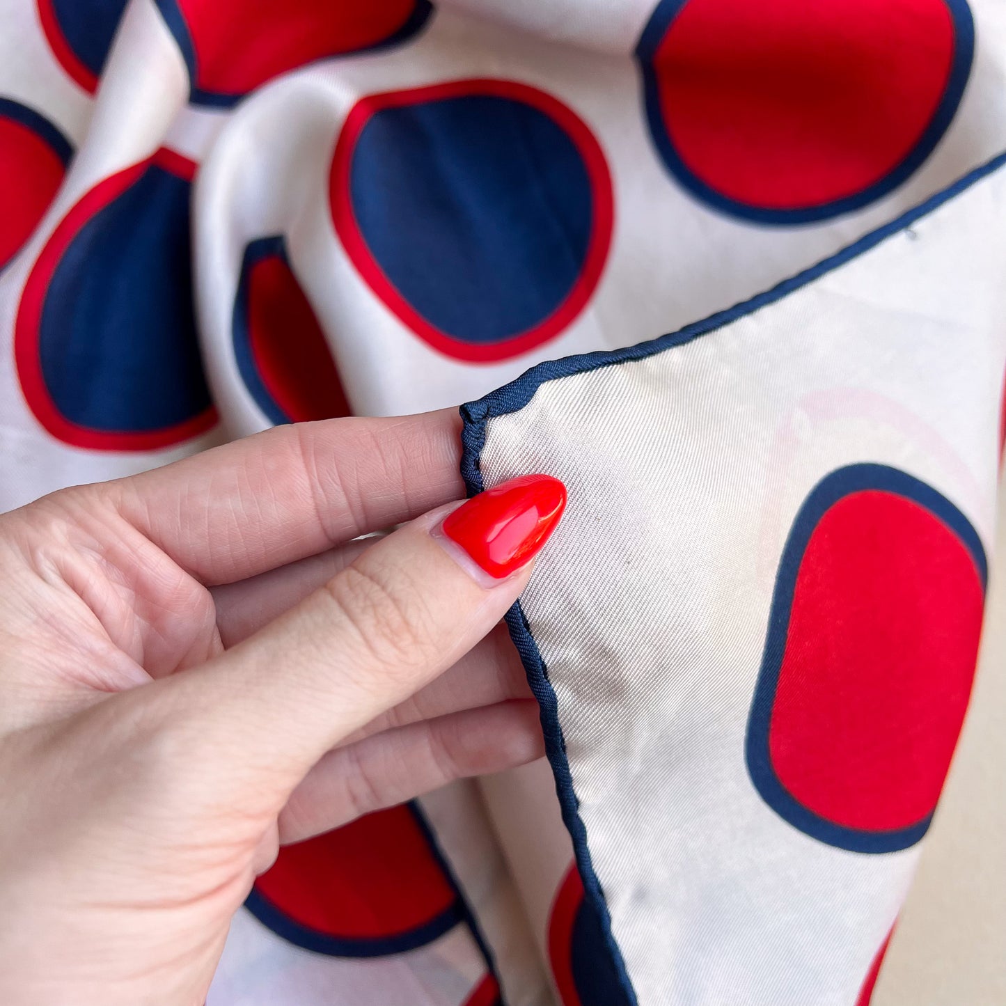 1960s Navy and Red Polka Dots Silk Scarf