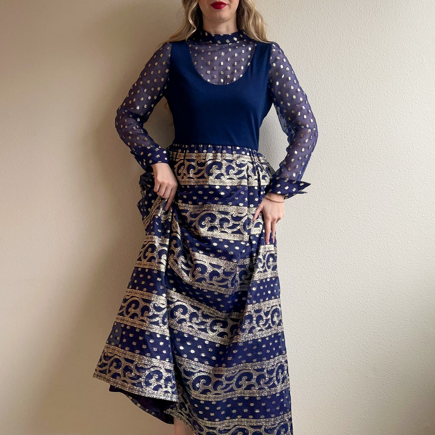 Stunning 1960s Navy Maxi Dress With Silver Pattern (M)
