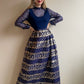 Stunning 1960s Navy Maxi Dress With Silver Pattern (M)
