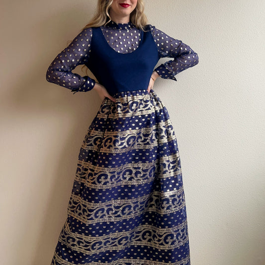 Stunning 1960s Navy Maxi Dress With Silver Pattern (M)