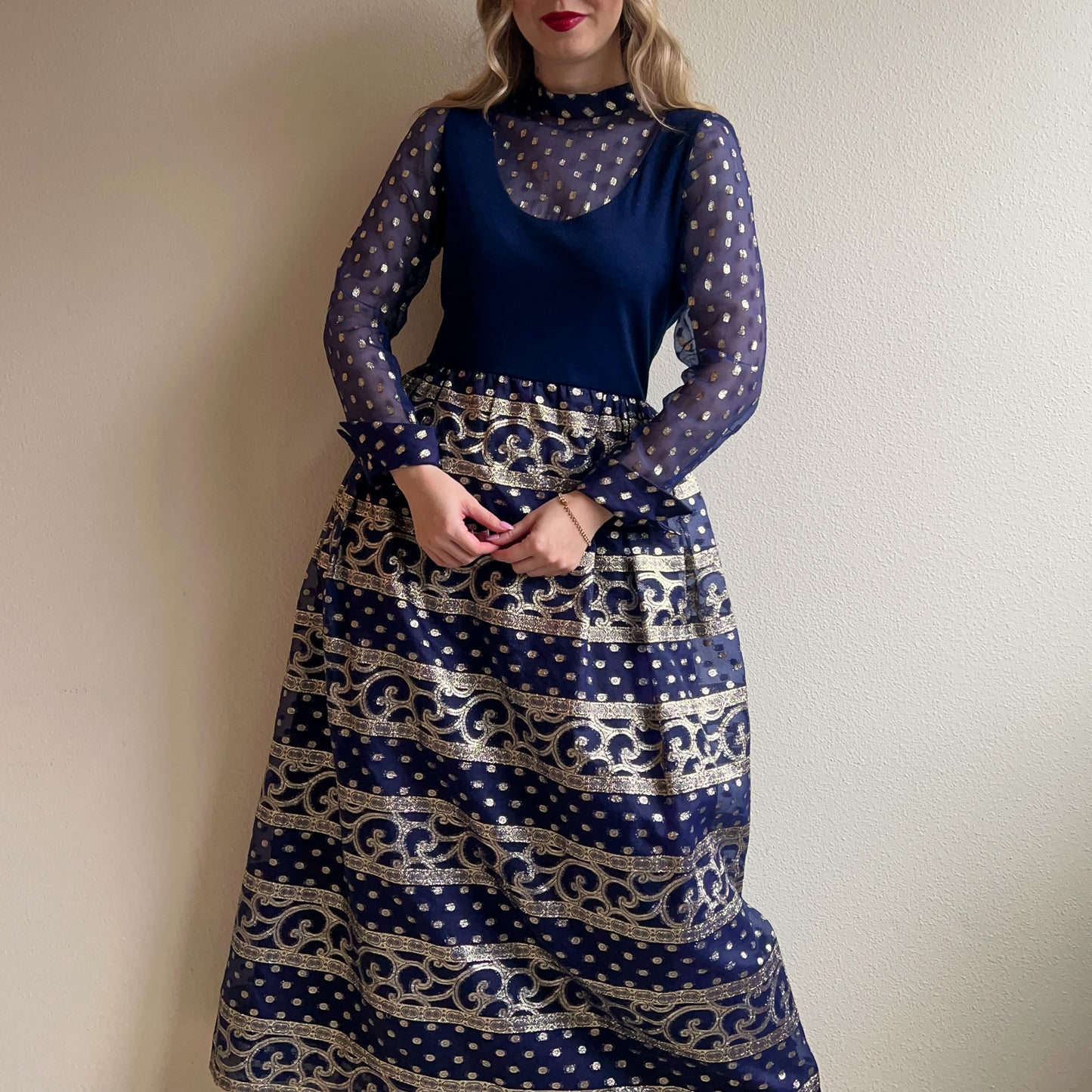Stunning 1960s Navy Maxi Dress With Silver Pattern (M)