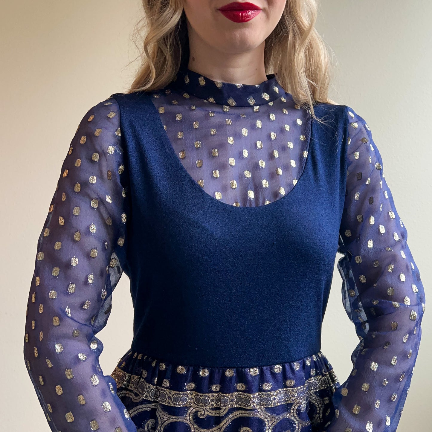 Stunning 1960s Navy Maxi Dress With Silver Pattern (M)