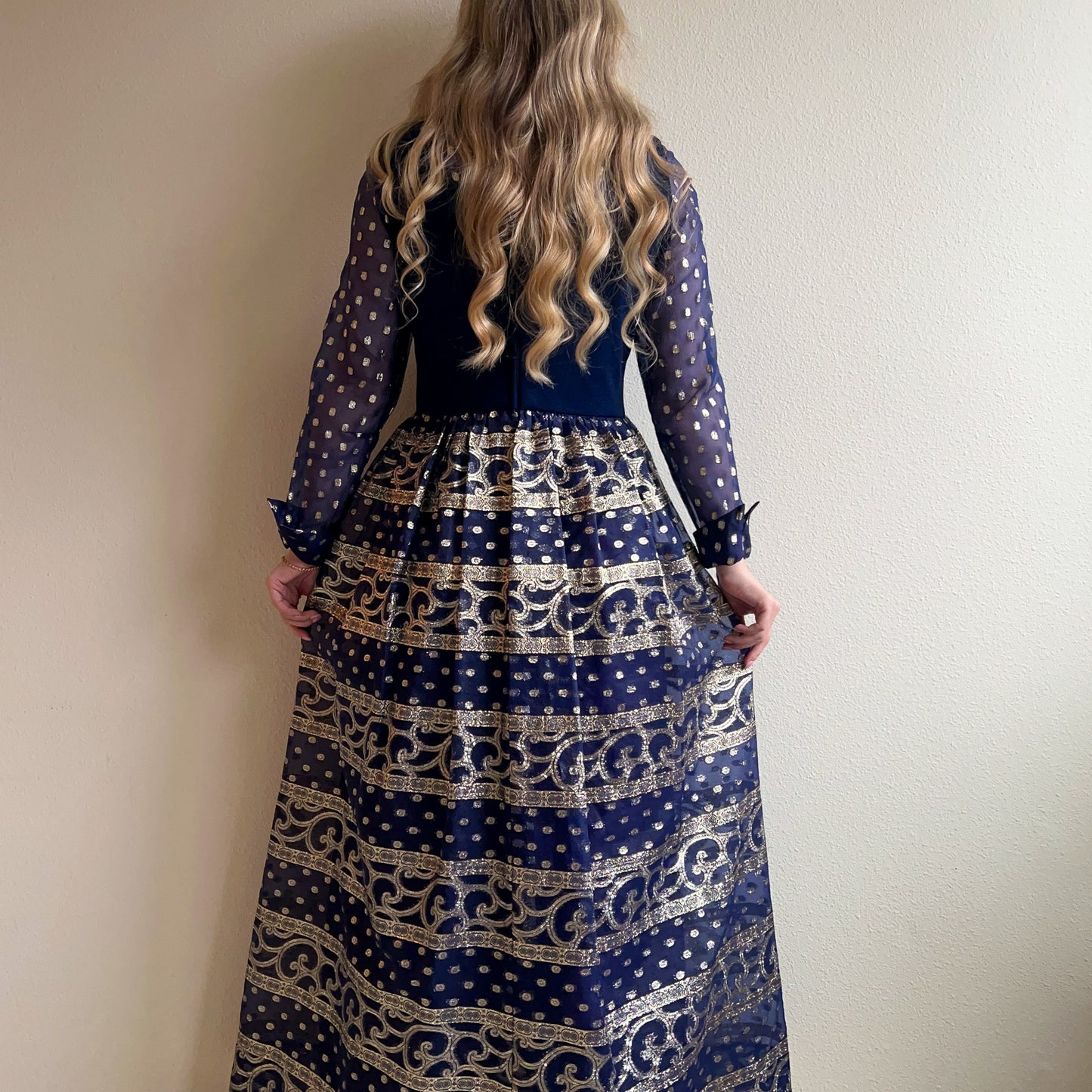 Stunning 1960s Navy Maxi Dress With Silver Pattern (M)