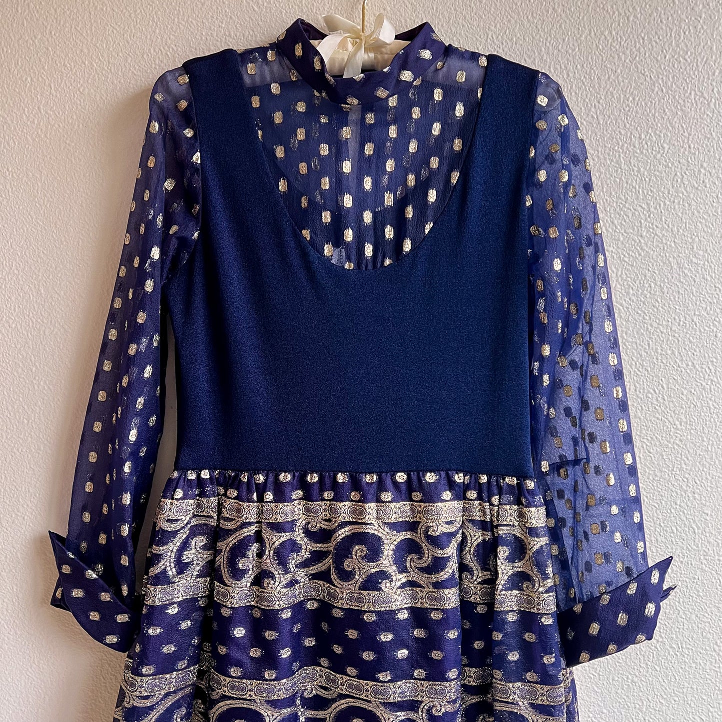 Stunning 1960s Navy Maxi Dress With Silver Pattern (M)