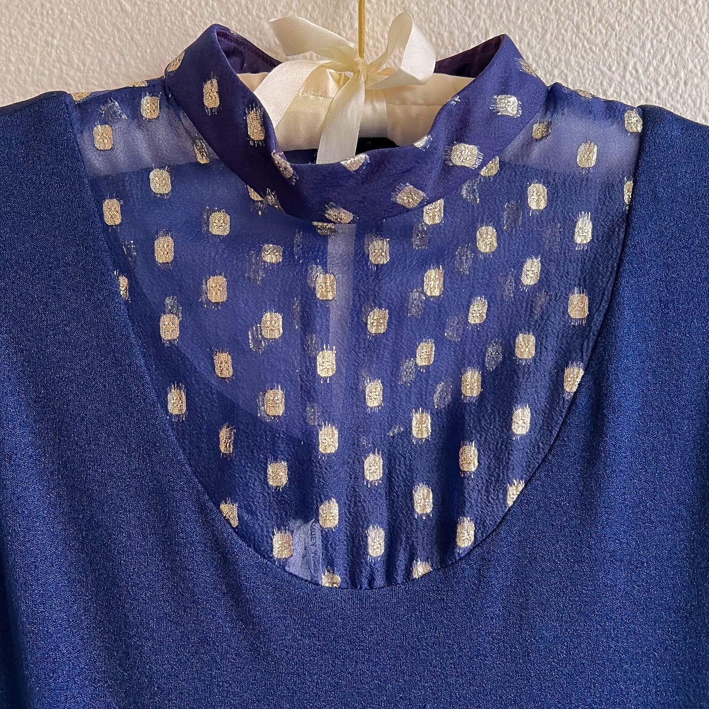 Stunning 1960s Navy Maxi Dress With Silver Pattern (M)