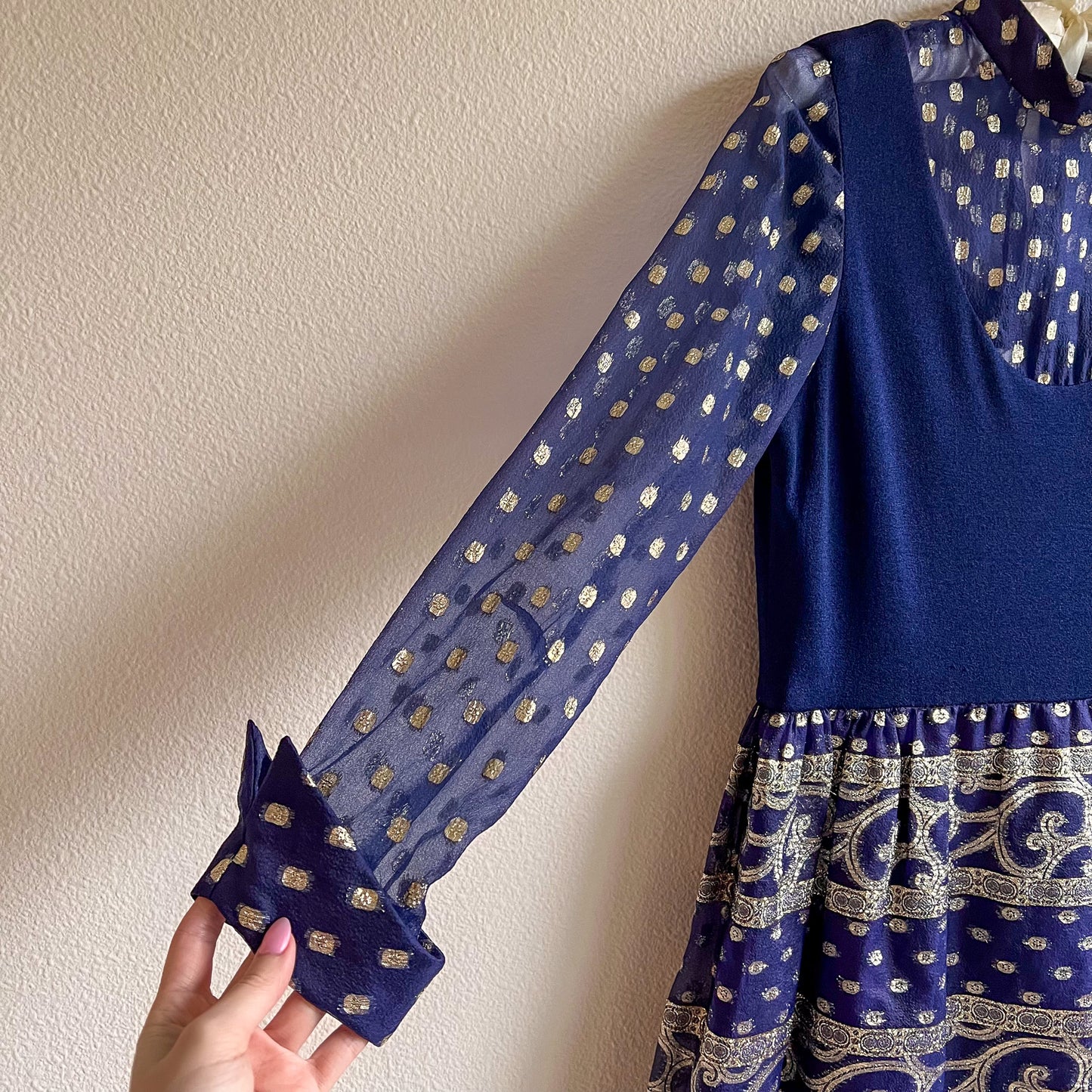 Stunning 1960s Navy Maxi Dress With Silver Pattern (M)