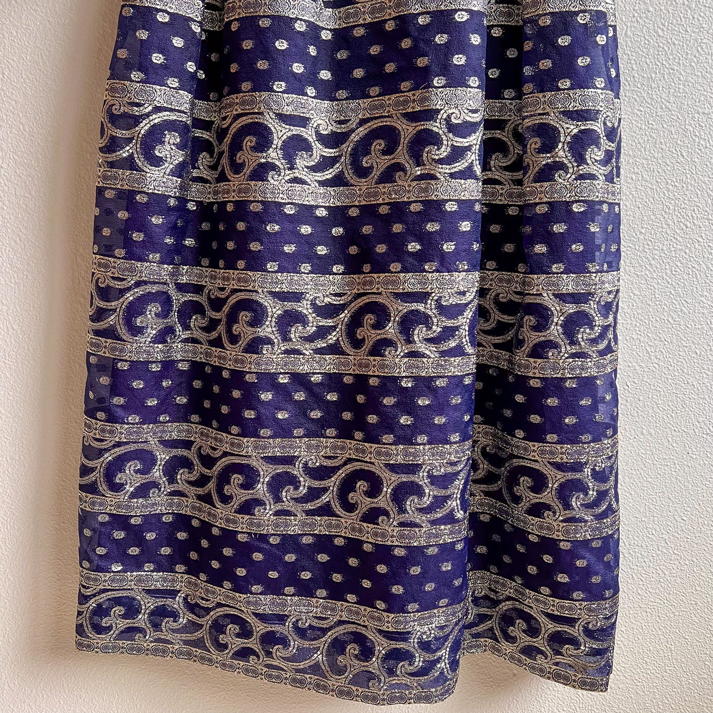 Stunning 1960s Navy Maxi Dress With Silver Pattern (M)