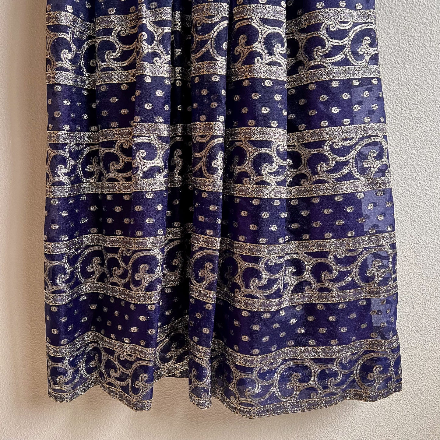 Stunning 1960s Navy Maxi Dress With Silver Pattern (M)