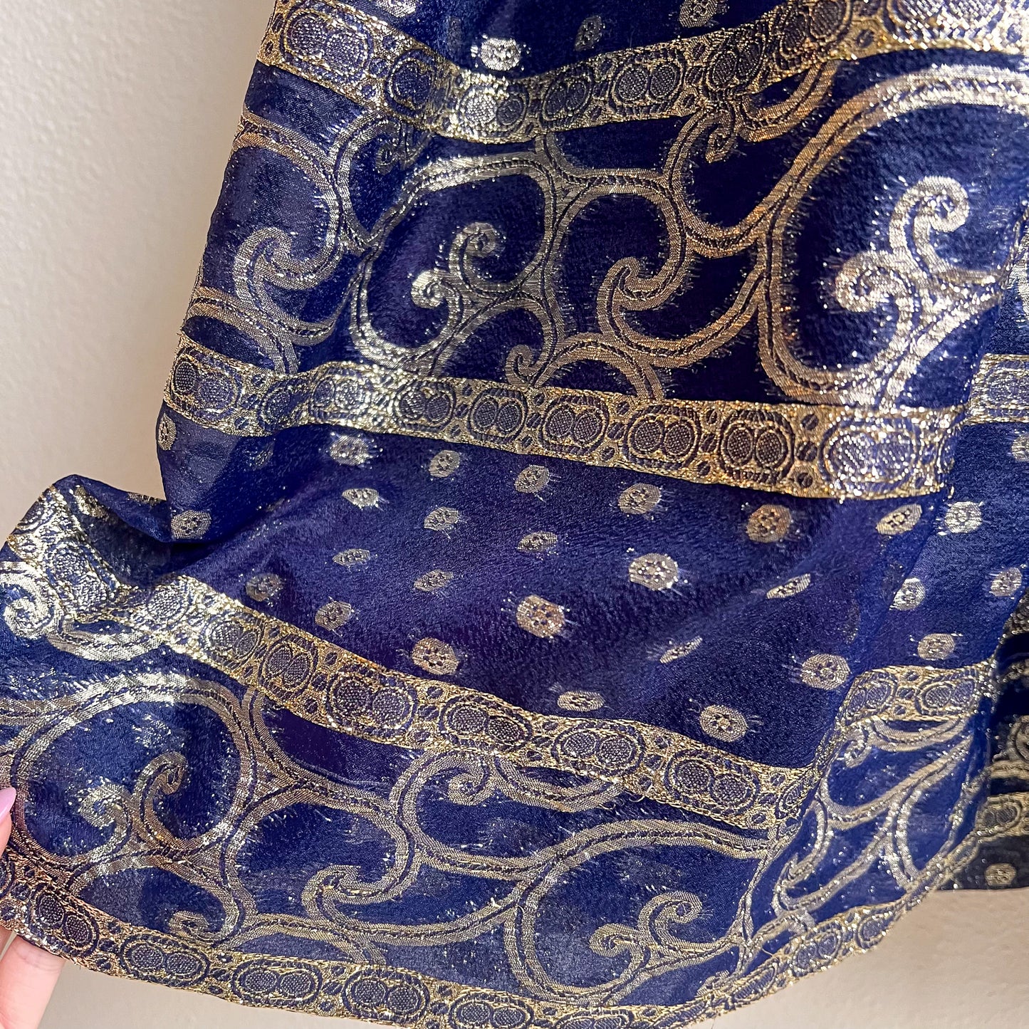 Stunning 1960s Navy Maxi Dress With Silver Pattern (M)