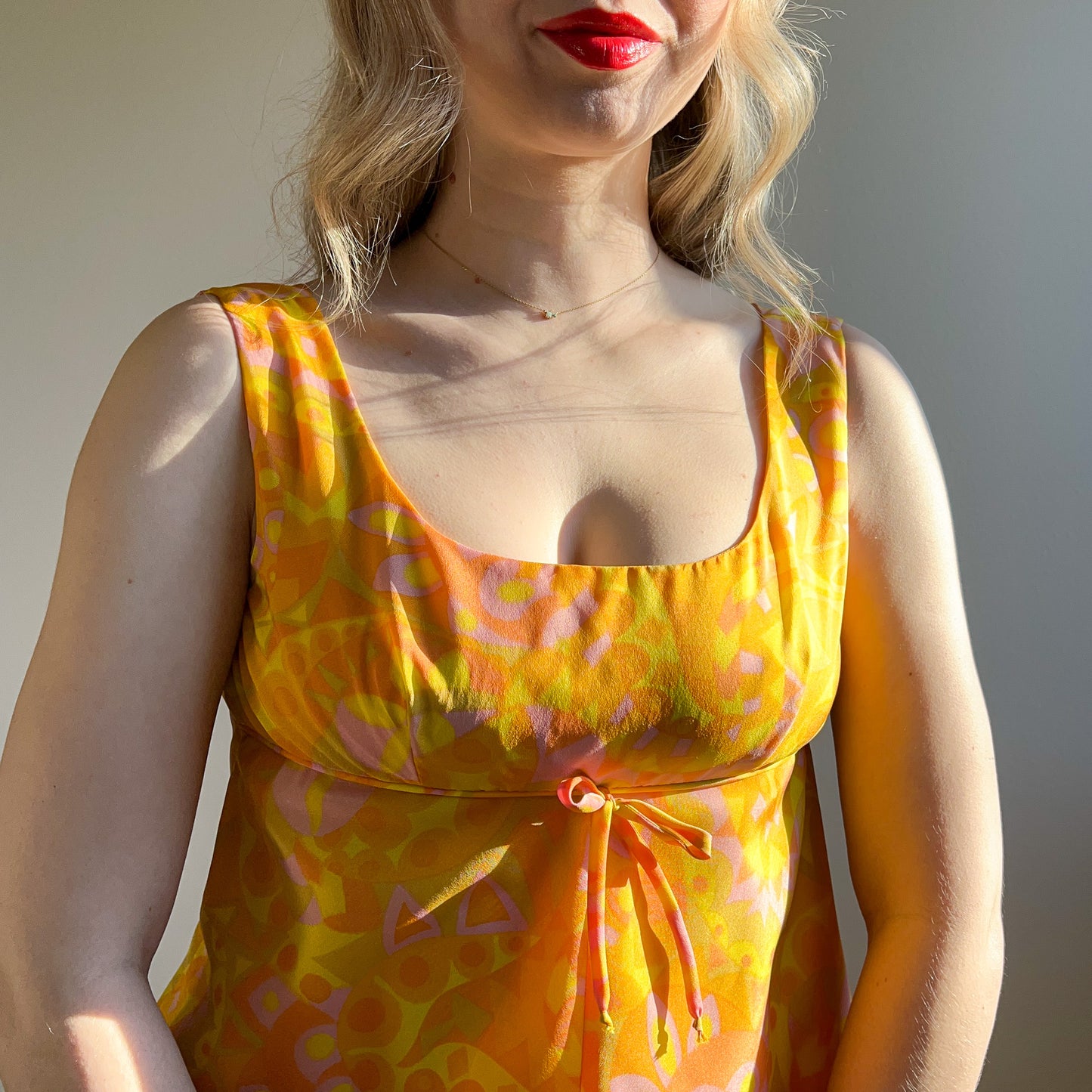 1960s Orange and Yellow Retro Print Baby Doll Dress (S)