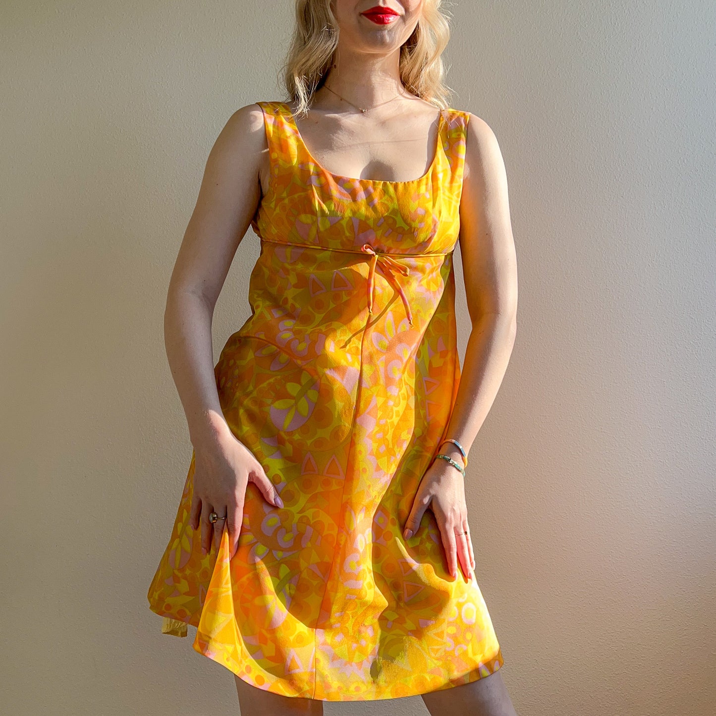 1960s Orange and Yellow Retro Print Baby Doll Dress (S)