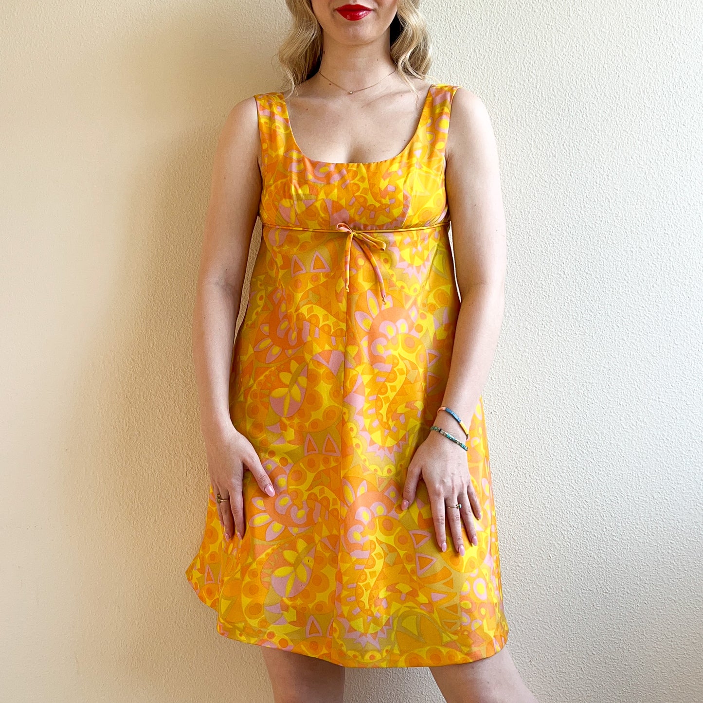 1960s Orange and Yellow Retro Print Baby Doll Dress (S)