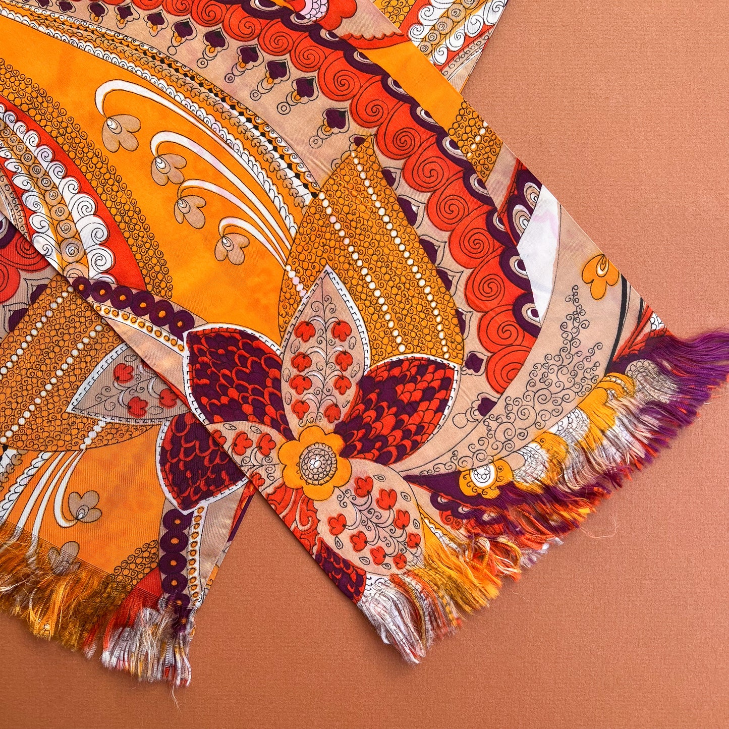 1960s Orange and Purple Psychedelic Print Scarf