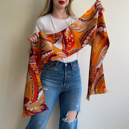 1960s Orange and Purple Psychedelic Print Scarf
