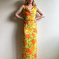 1960s Bright Pink and Orange Roses Chiffon Gown 2-Piece (XS/S)