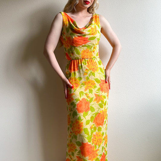 1960s Bright Pink and Orange Roses Chiffon Gown 2-Piece (XS/S)