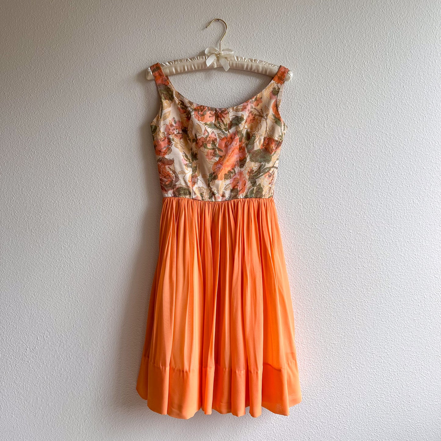 1960s Orange Roses Silk Jacquard Dress With Chiffon Skirt (XS)