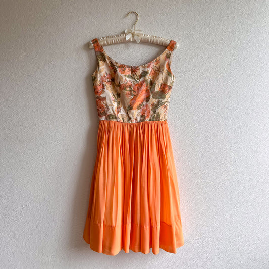 1960s Orange Roses Silk Jacquard Dress With Chiffon Skirt (XS)