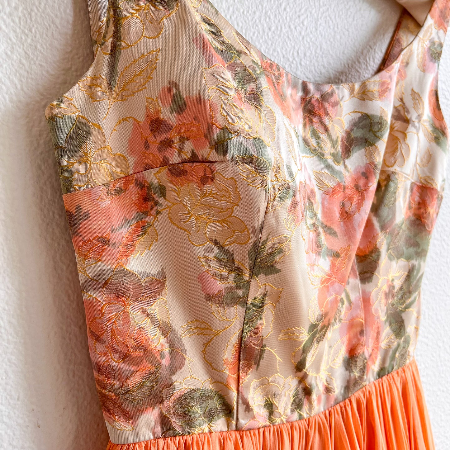 1960s Orange Roses Silk Jacquard Dress With Chiffon Skirt (XS)