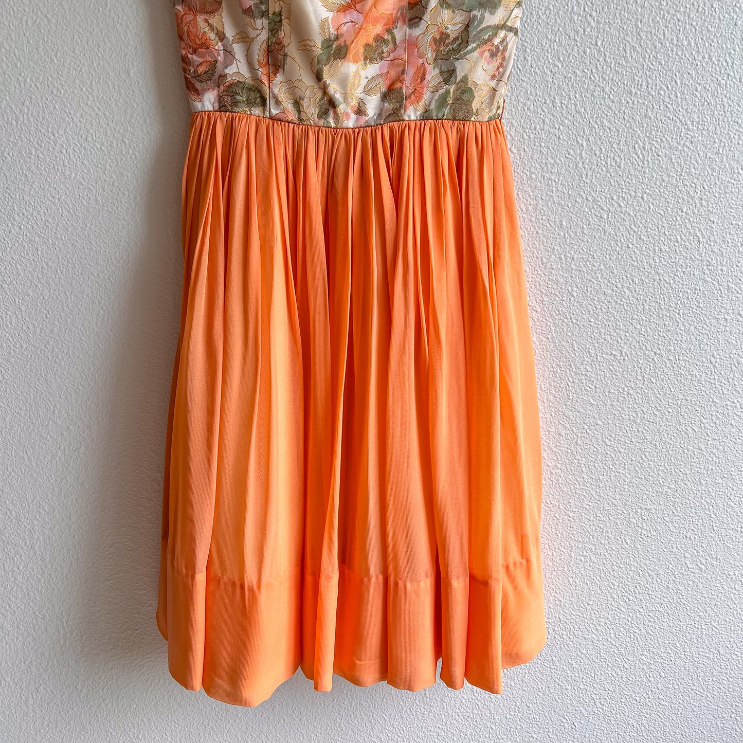 1960s Orange Roses Silk Jacquard Dress With Chiffon Skirt (XS)