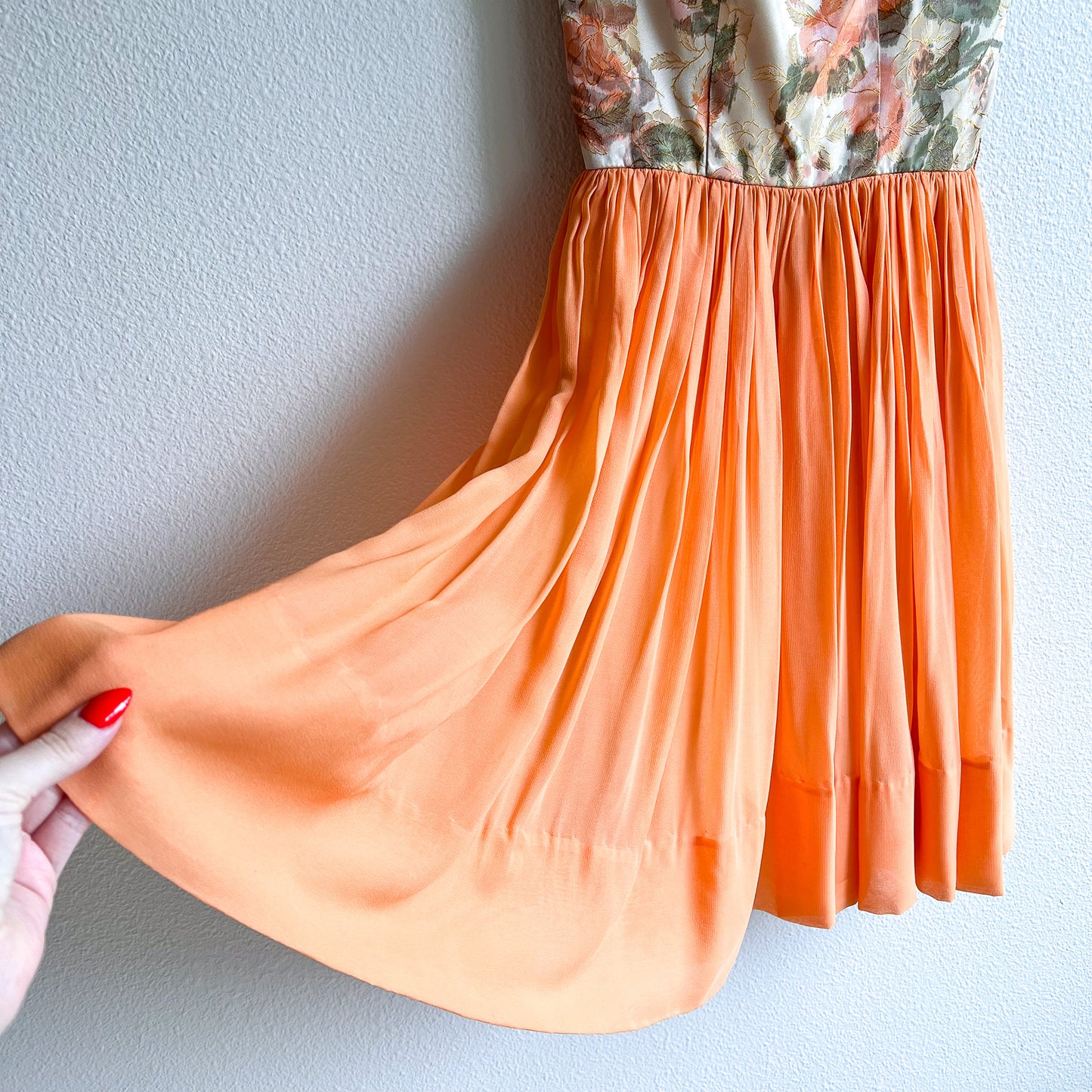 1960s Orange Roses Silk Jacquard Dress With Chiffon Skirt (XS)